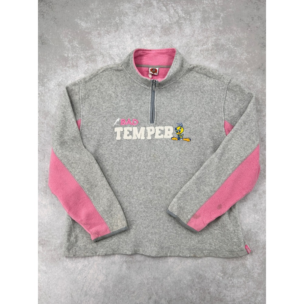 Looney Tunes Tweety Bird Bad Temper Grey Pink Fleece Quarter Zip Pullover SZ L